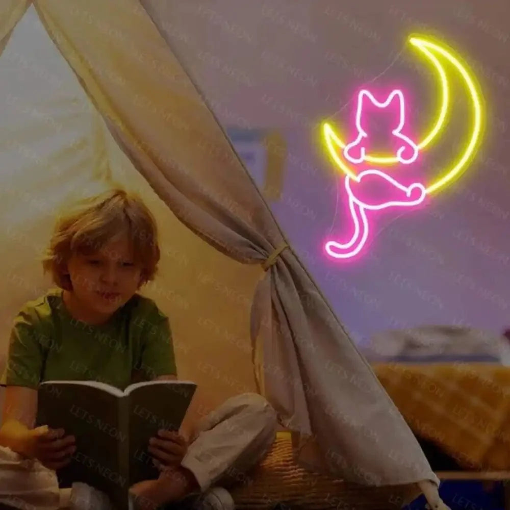 Cat with Moon Neon Sign | Children Room Decor Lets Neon