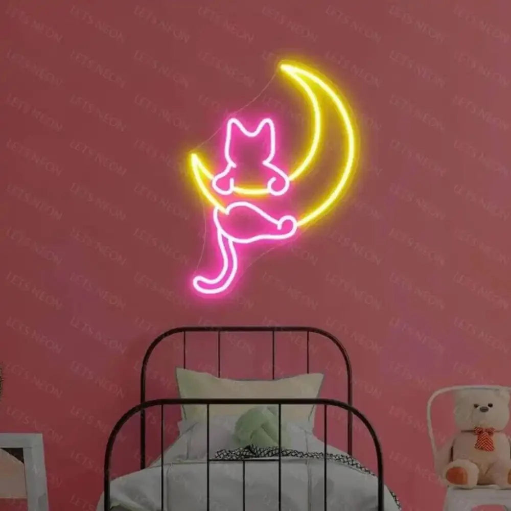 Cat with Moon Neon Sign | Children Room Decor Lets Neon