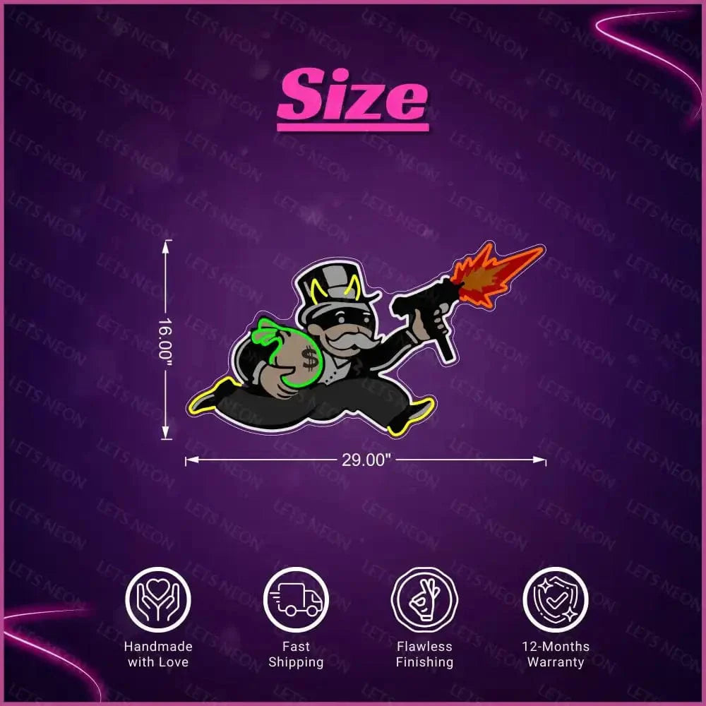 Monopoly Man Running with Money UV Neon Sign Lets Neon