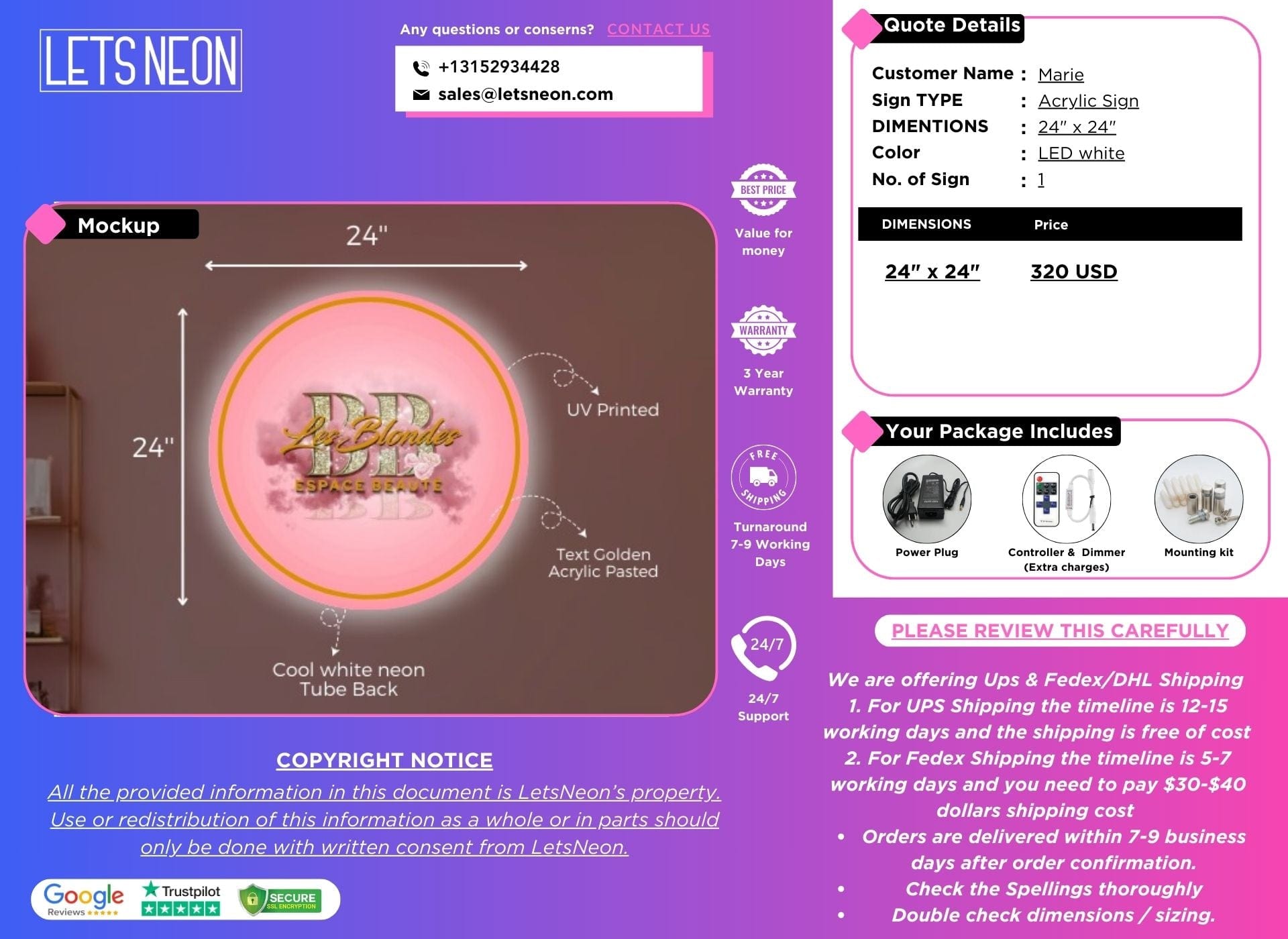 Custom Acrylic Sign for Marie