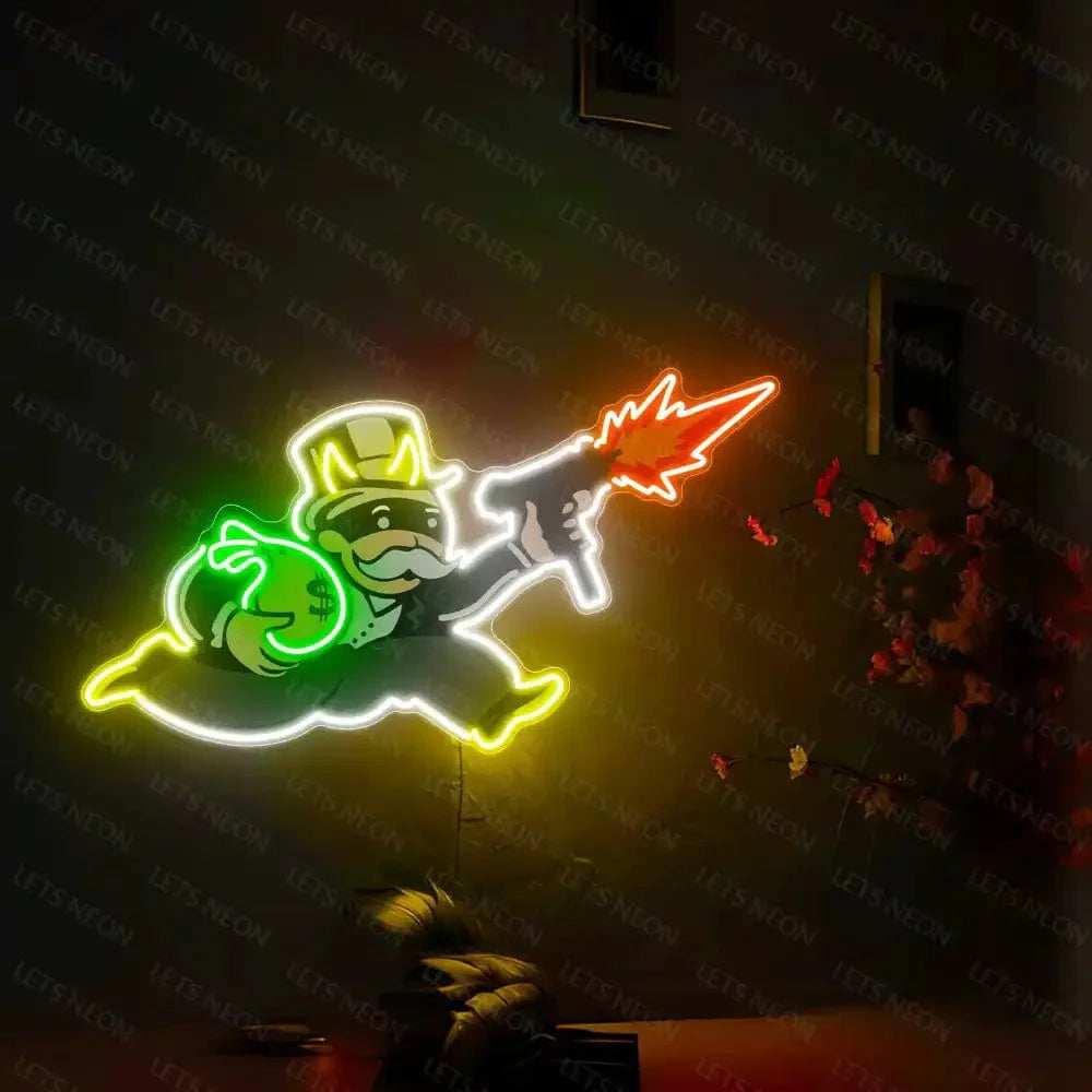 Monopoly Man Running with Money UV Neon Sign Lets Neon