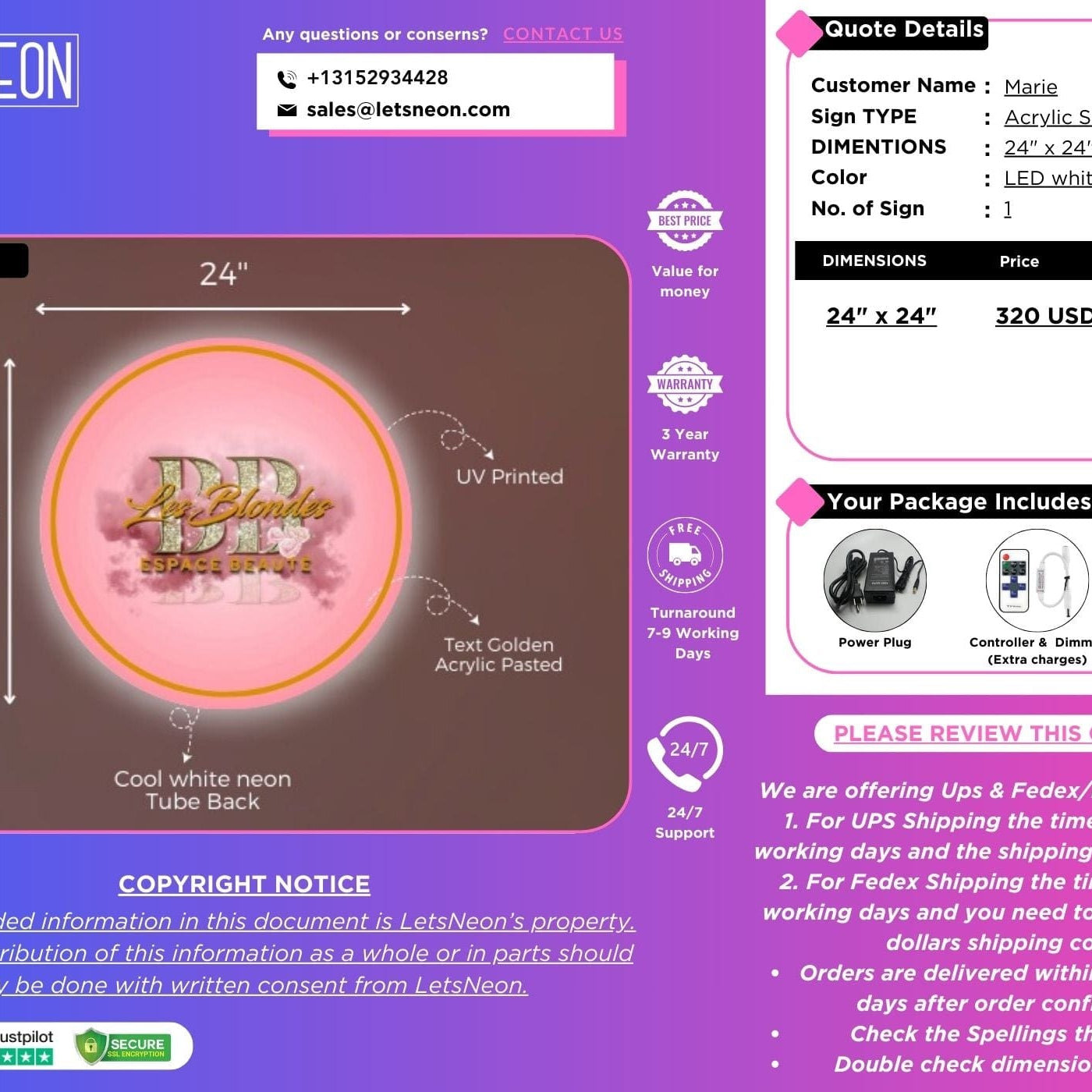 Custom Acrylic Sign for Marie